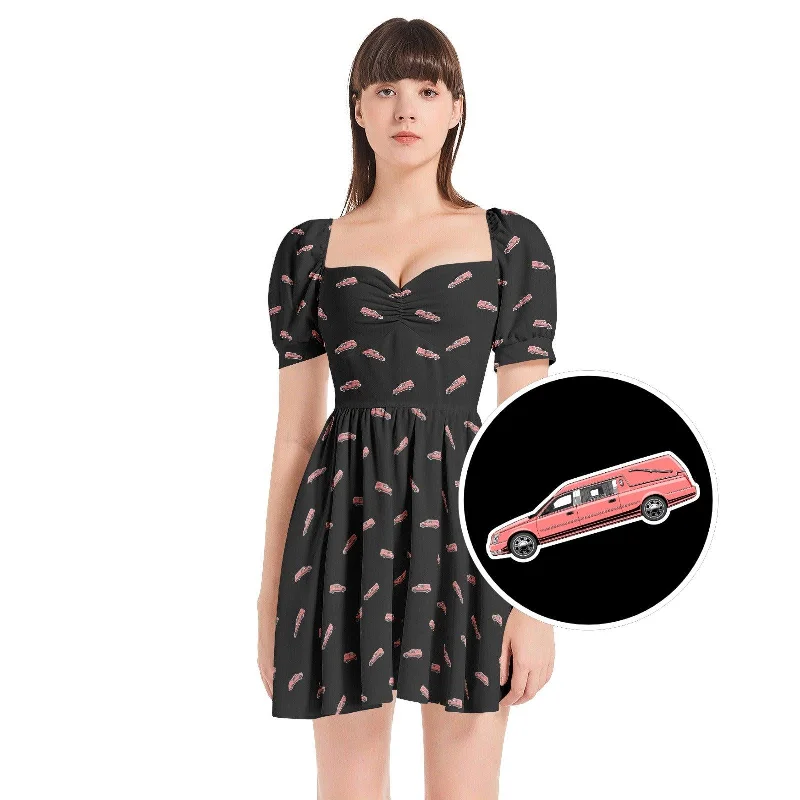 Formal Dresses for Occasions -Puff Sleeve Sweetheart Neck Short Dress - Pink Hearse Sticker on Black