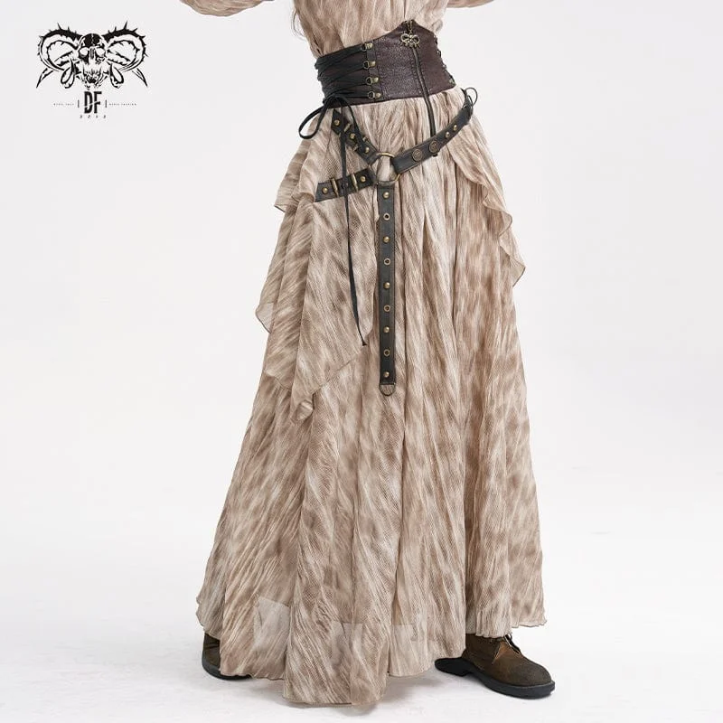 High-waisted skirts with button front detail -Women's Gothic Lace-up Eyelets Rivets Long Skirt Coffee