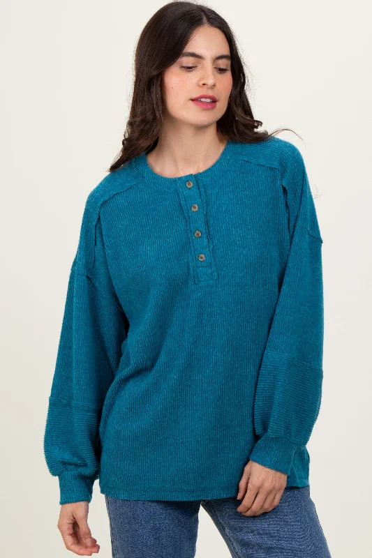 Valentine's Day Sweaters for Romantic Look -Teal Oversized Ribbed Knit Henley Sweater