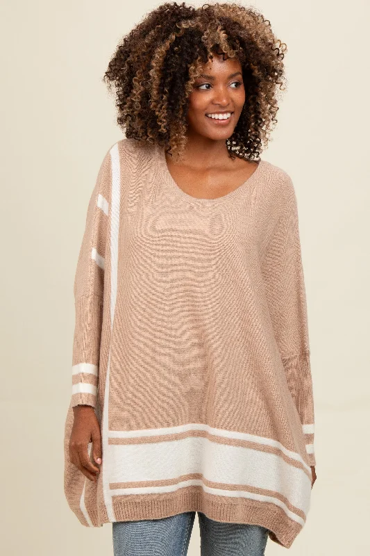 Office - Appropriate Sweaters for Work -Beige Mixed Stripe Dolman Sleeve Sweater