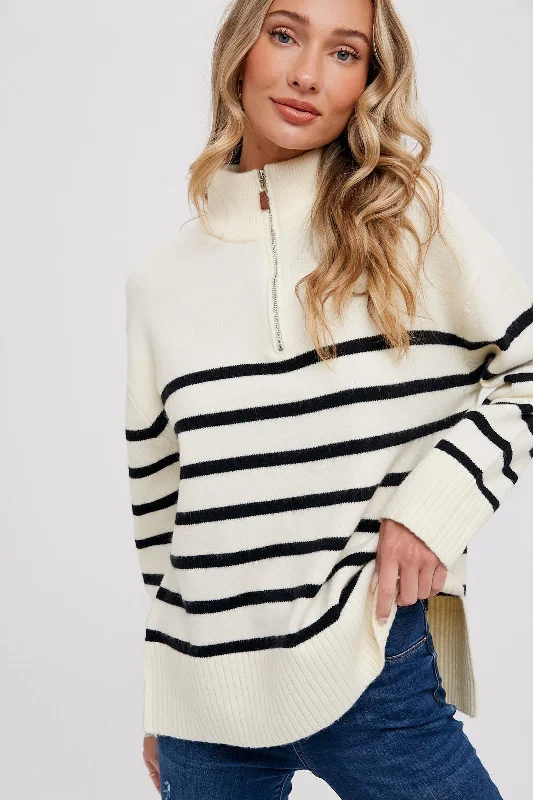 Turtleneck Sweaters for Cold Weather -Ivory Striped Half Zip Sweater