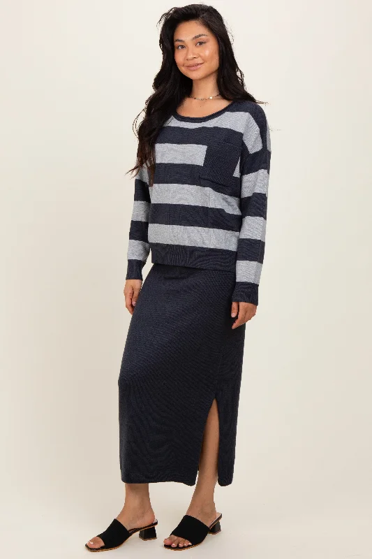 Polyester Sweaters for Durable Use -Navy Striped Sweater And Fitted Midi Skirt Set