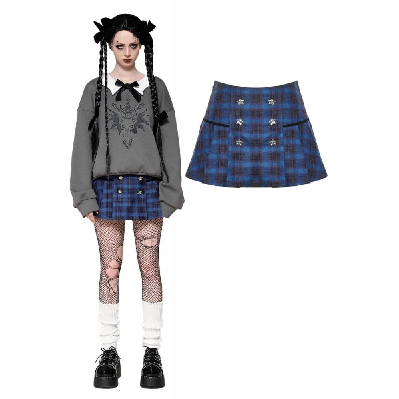 Trendy midi skirts for modern fashionistas -Women's Grunge Stars Plaid Short Skirt Blue