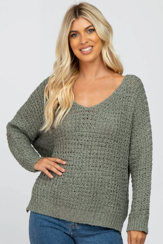 Boat Neck Sweaters for Chic Style -Olive V-Neck Side Slit Thick Knit Sweater