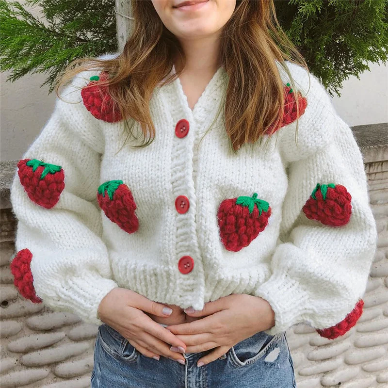 Halloween Sweaters for Spooky Theme -Female Cute Strawberry Loose V-neck Cardigan Sweater