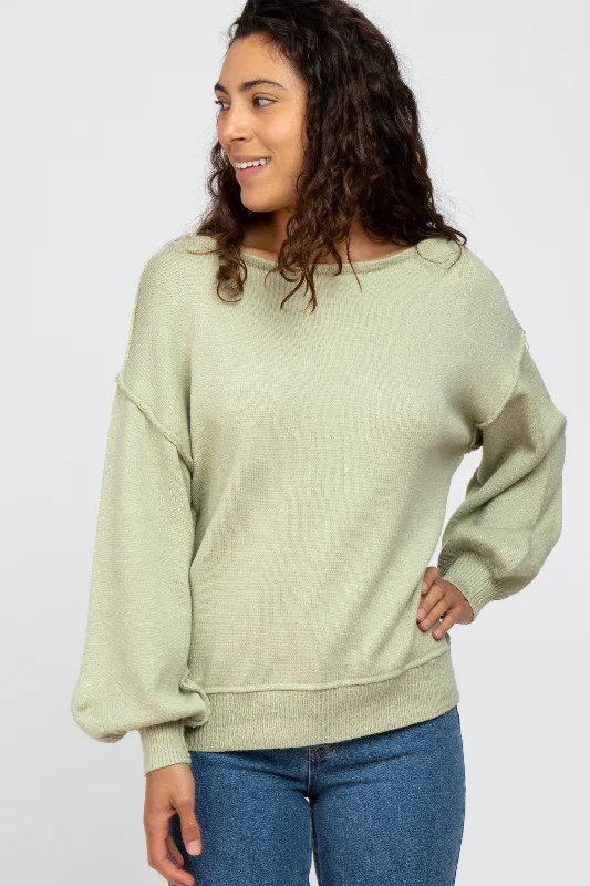 Striped Sweaters for Stylish Appearance -Light Olive Boat Neck Bubble Sleeve Sweater