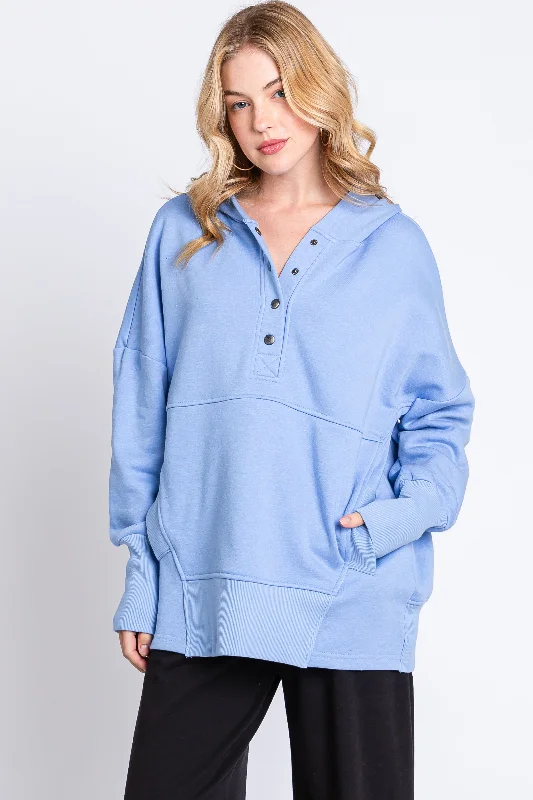 Moisture - Wicking Sweaters for Active -Light Blue Hooded Button Pullover Sweater