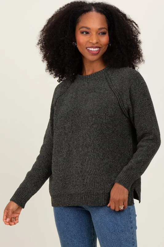 One - Shoulder Sweaters for Asymmetric Design -Olive Raglan Knit Sweater