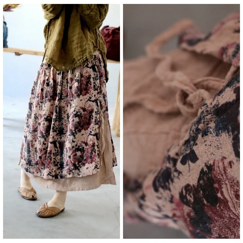 Casual skirts for effortless everyday wear -Women Summer Retro Floral Printed Cotton Linen Skirt