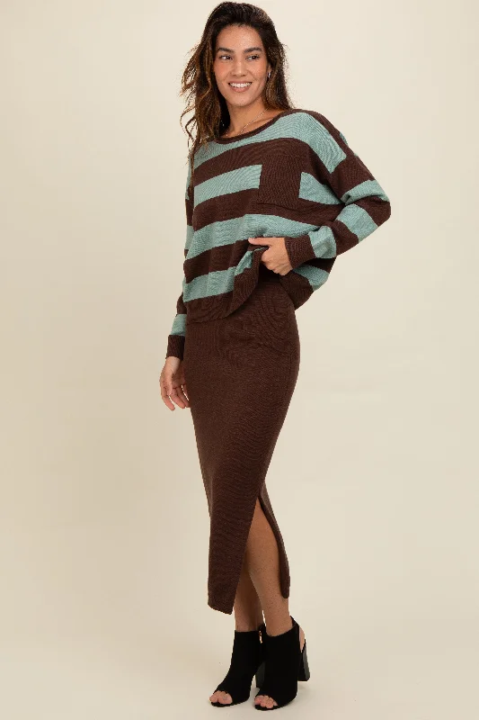 Sequined Sweaters for Glamorous Look -Brown Striped Sweater And Fitted Midi Skirt Set