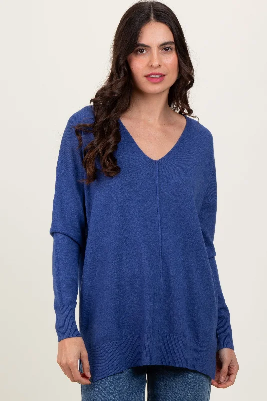 Travel - Friendly Sweaters for Trip -Light Navy Front Seam V-Neck Side Slit Sweater