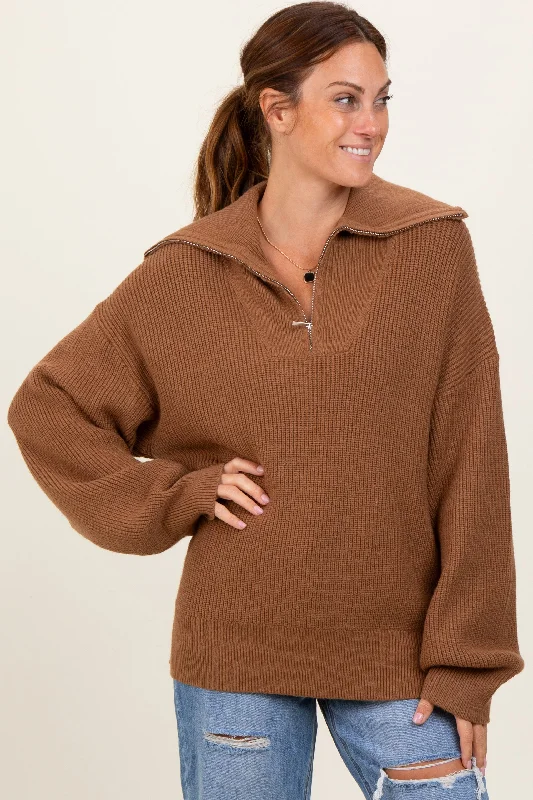 Heavy - Duty Sweaters for Harsh Weather -Camel Half Zip Chunky Knit Pullover Sweater