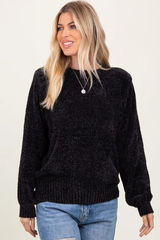 Short - Hemmed Sweaters for Youthful Look -Black Chenille Knit Sweater