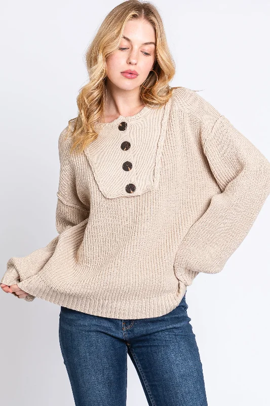 Fleece - Lined Sweaters for Warmth -Beige Front Button Knit Sweater