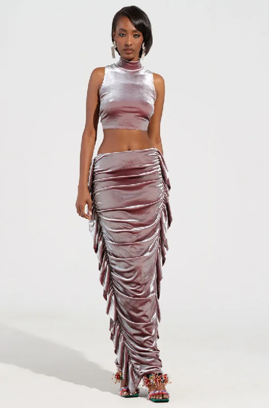 Pleated skirts for sophisticated evening wear -FLAUNT IT VELVET SIDE FRINGE MAXI SKIRT