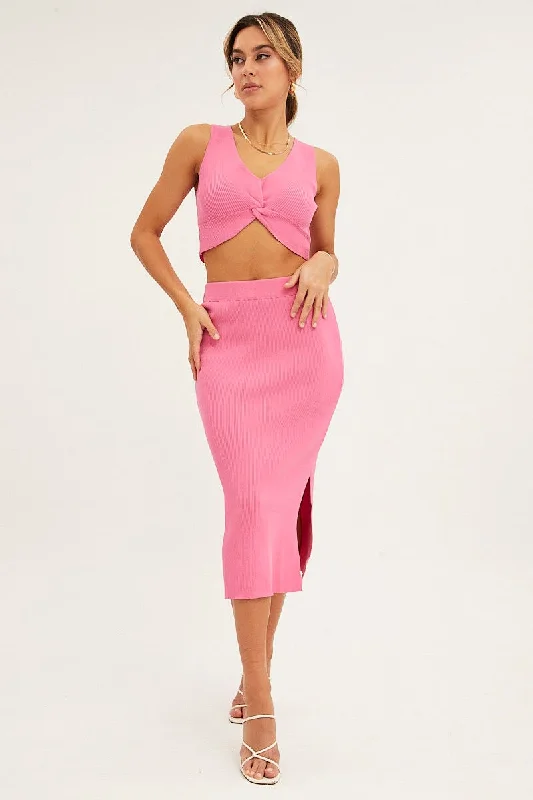 Designer maxi skirts for upscale bohemian flair -Pink Knit Skirt Midi Elastic Waist