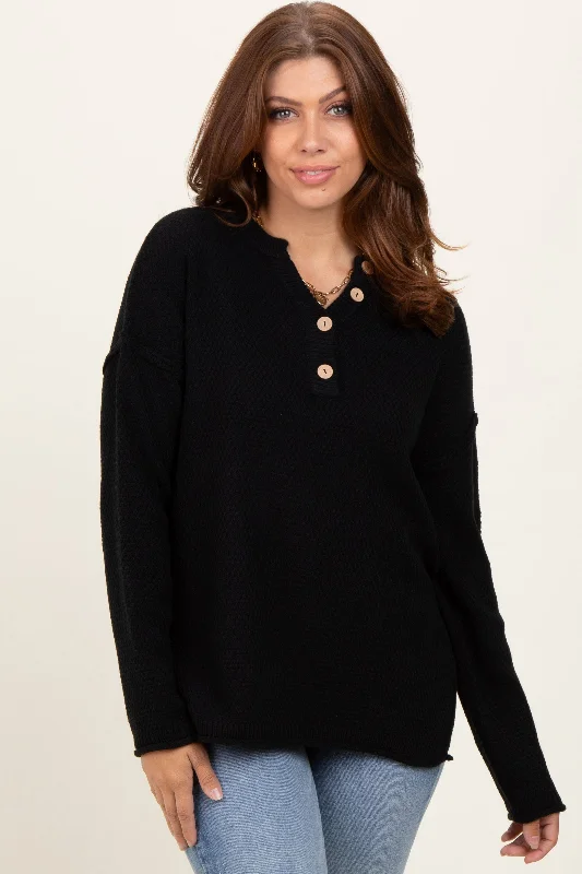 Side - Slit Sweaters for Stylish Detail -Black Diamond Knit Button Detail Sweater