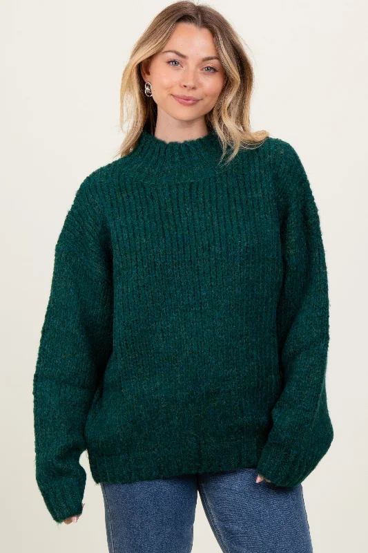 Oversized Cardigan Sweaters for Cozy Look -Forest Green Chunky Knit Mock Neck Sweater