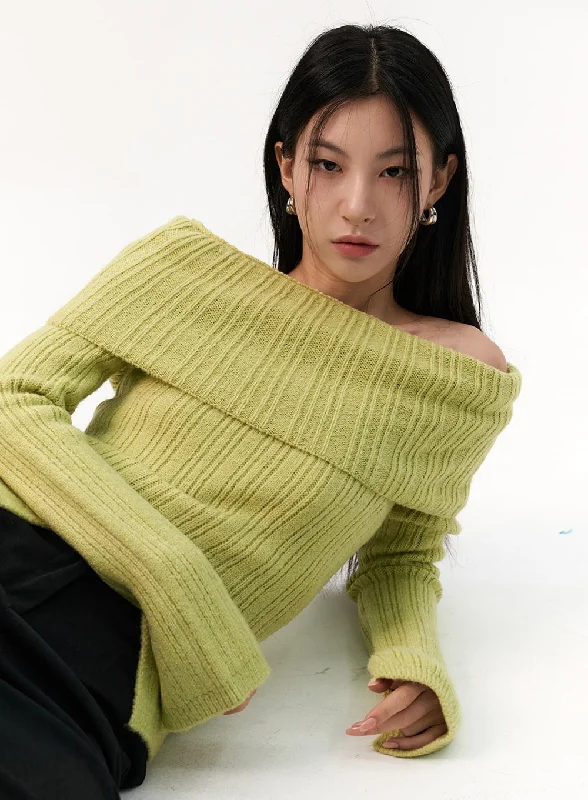 Vintage - Style Sweaters for Retro Look -Off-Shoulder Rib Sweater IO320