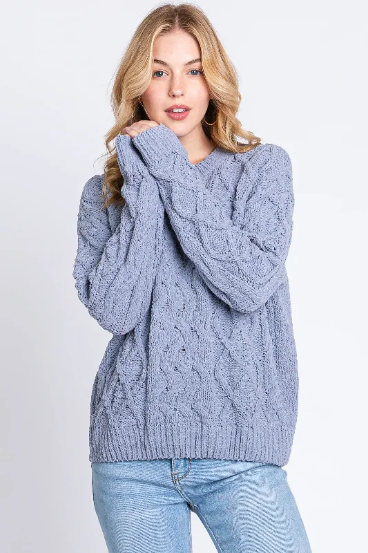 Stretch - Fit Sweaters for Comfort -Blue Cable Knit Sweater