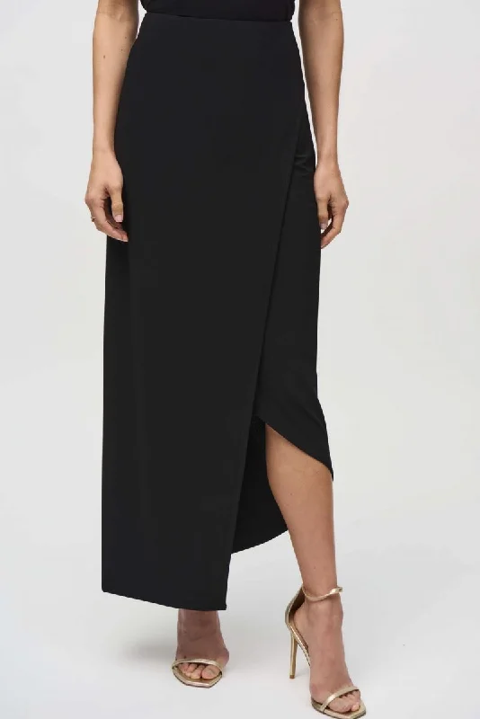 Patterned skirts with geometric print edge -Joseph Ribkoff Black Wrap Front Asymmetric Maxi Skirt 244091