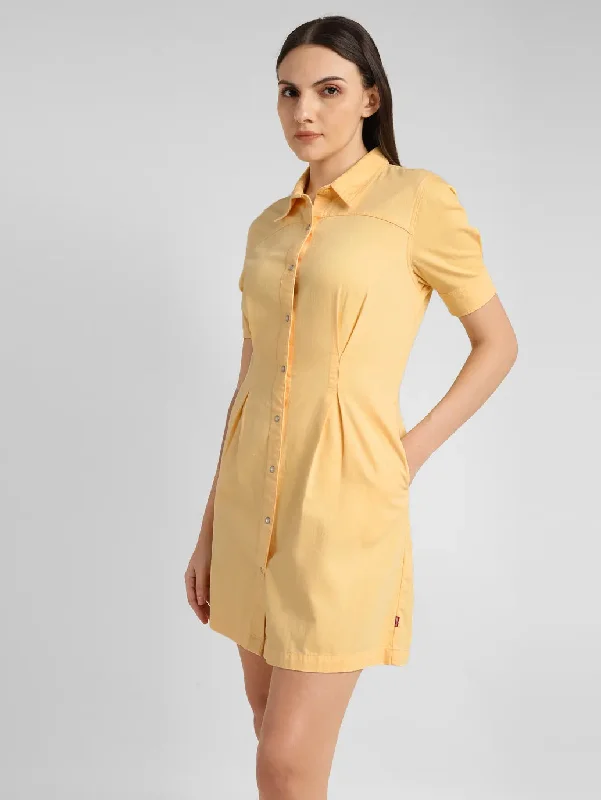 Christmas Dresses for Holiday -Women's Solid Yellow Spread Collar Dress