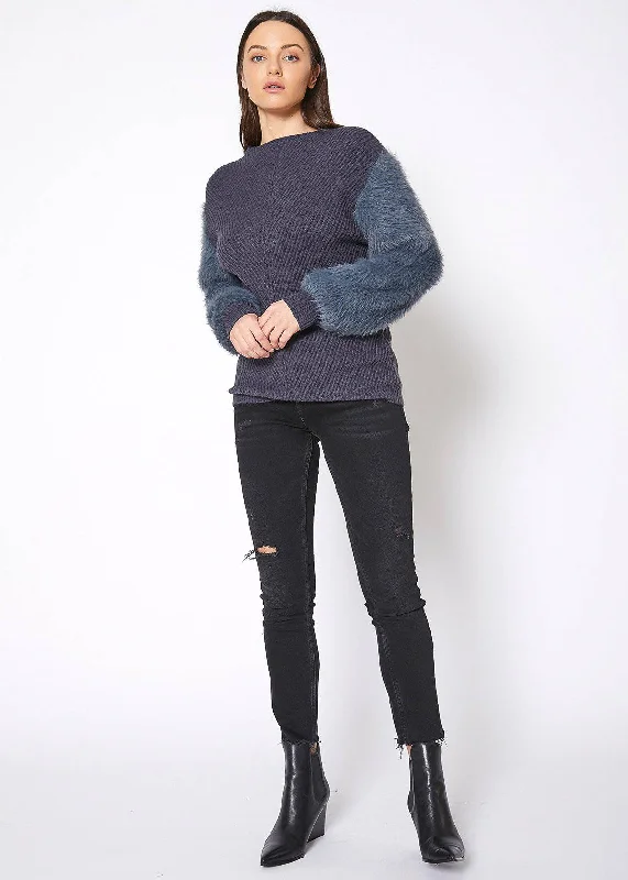 Belted Sweaters for Defined Waist -Faux Fur Sleeve Boat Neck Sweater in Slate Blue