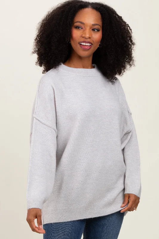 Round Neck Sweaters for Casual Comfort -Light Grey Oversized Crewneck Melange Knit Sweater