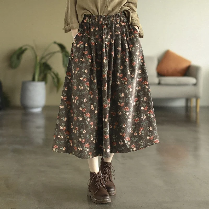 Affordable skirts with trendy slit details -Autumn Retro Corduroy Print Floral Skirt