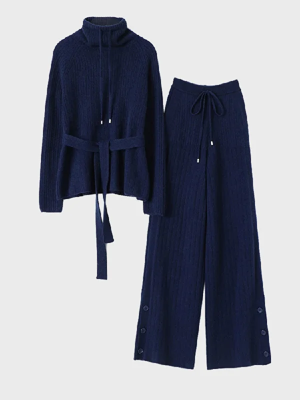 Wrap Sweaters for Adjustable Fit -Turtleneck Lace-Up Sweater & Wide Leg Drawstring Pants Two-Piece Set (Navy Blue)