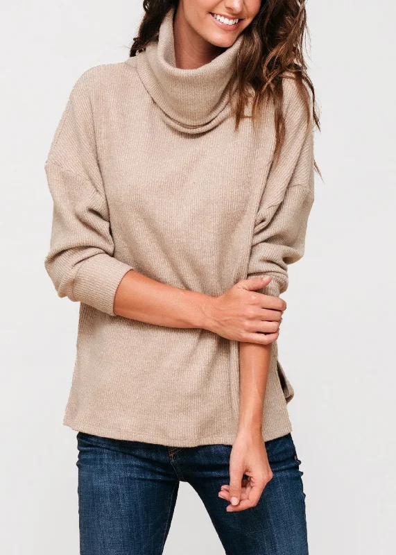 Turtleneck Sweaters for Cold Weather -Women's Turtle Neck Ribbed Oversize Sweater Top