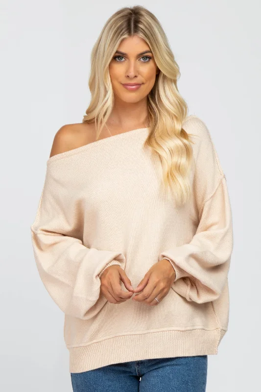 V - Neck Sweaters for Slimming Effect -Beige Boat Neck Bubble Sleeve Sweater