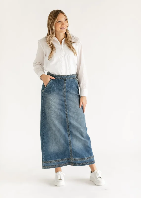 Patterned skirts with geometric print edge -Sutton Side Zip A-line Denim Maxi Skirt