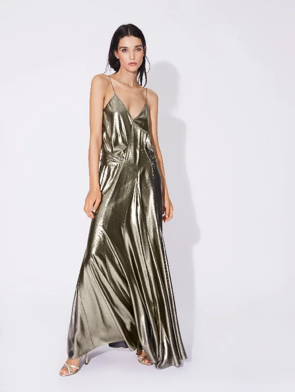 Casual Dresses for Everyday -Long gold lamé narrow strap dress