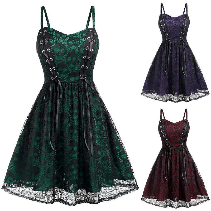 Sundress Dresses for Sunny -Lace-up Sexy Big Skull Suspender Dress