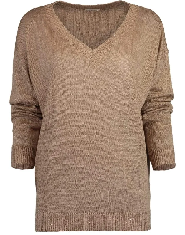 Open - Neck Sweaters for Airy Feel -Paillette V-Neck Pullover Sweater