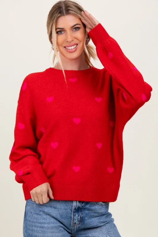 Side - Slit Sweaters for Stylish Detail -Red Heart Print Oversized Sweater