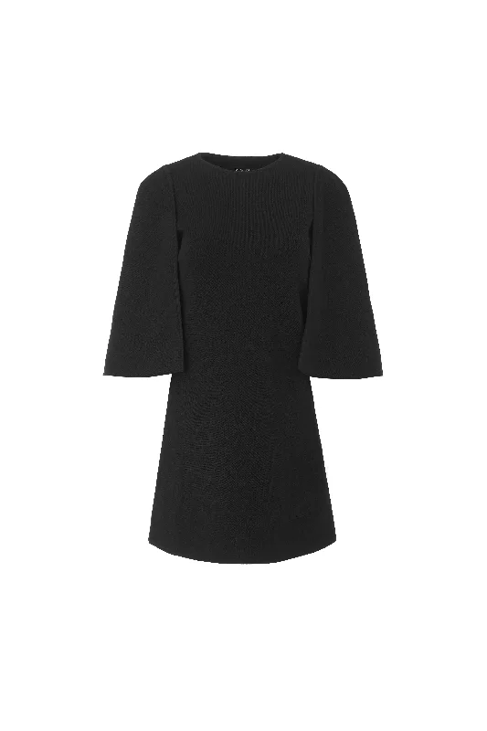 Tie-up Dresses for Decorative -Crepe Knit A-line Mini Cape Dress(Black)