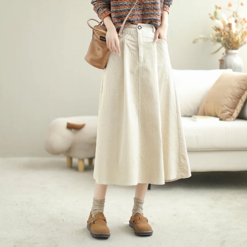 High-waisted skirts with button front detail -Women Autumn Solid Corduroy Casual A-Line Skirt