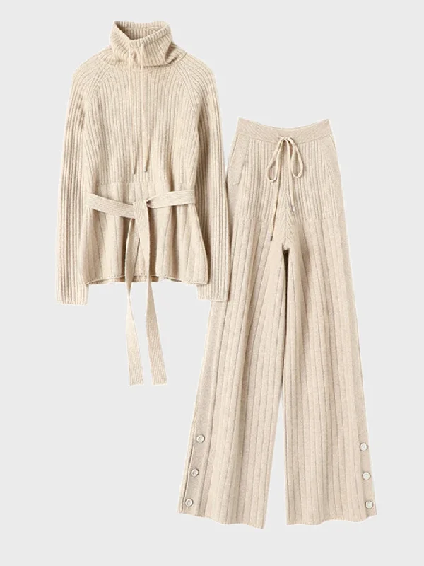 Hooded Sweaters for Added Protection -Turtleneck Lace-Up Sweater & Wide Leg Drawstring Pants Two-Piece Set (Apricot)