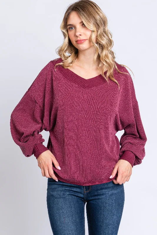 Eco - Friendly Sweaters for Green - Conscious -Burgundy Ribbed V-Neck Cropped Sweater