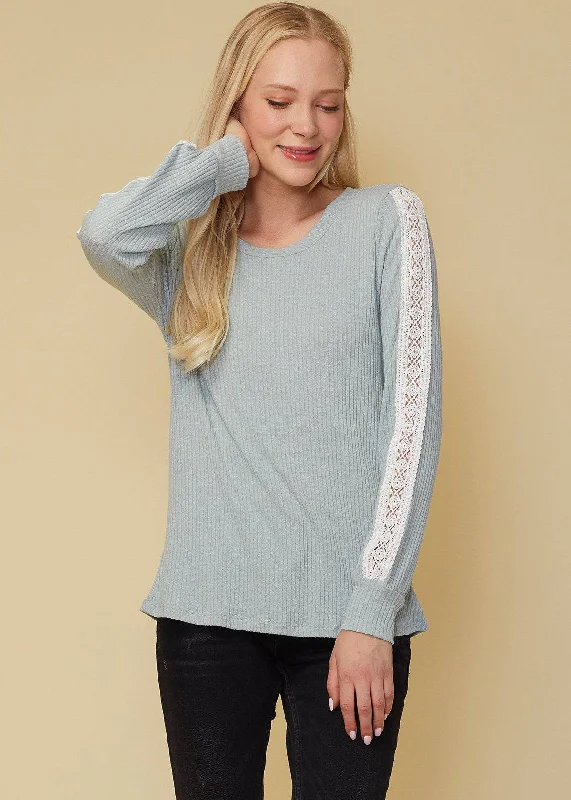 Cable - Trimmed Sweaters for Added Detail -Women's Round Neck Sweater With Long Cuff Sleeves in Powder Mint