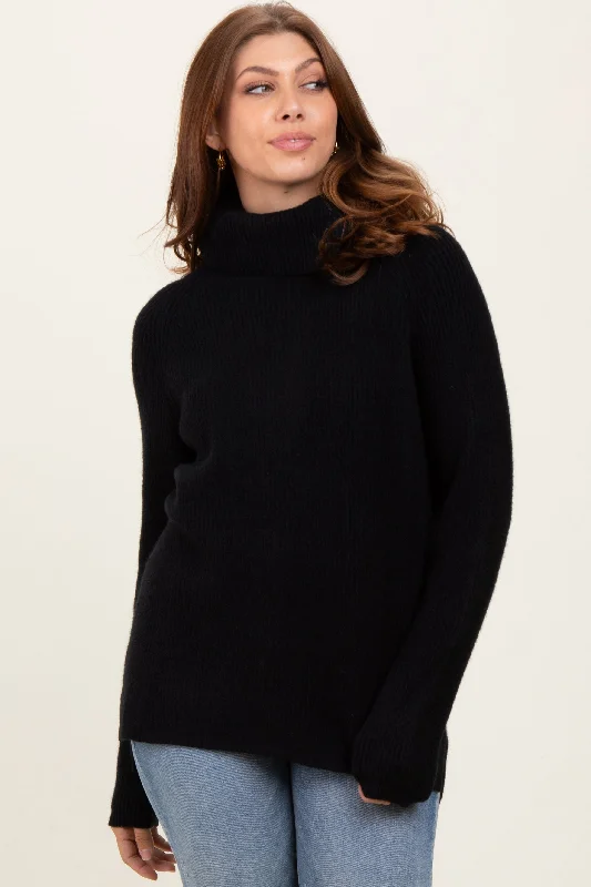 Patchwork Sweaters for Unique Design -Black Basic Ribbed Turtle Neck Sweater