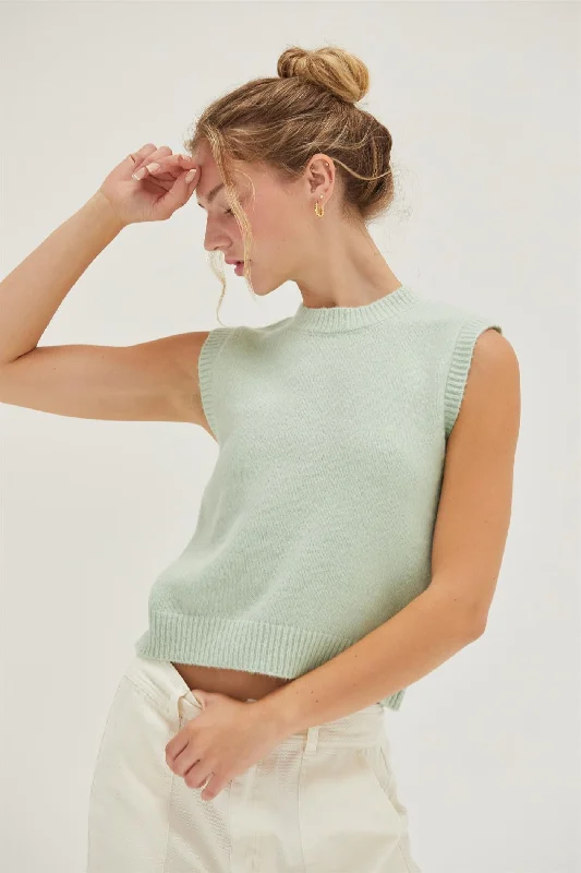 Wool Sweaters for Winter Warmth -Mint Sleeveless Cropped Sweater Top