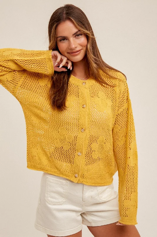 Cropped Sweaters for Modern Fashion -Yellow Floral Open-Stitch Sweater Cardigan