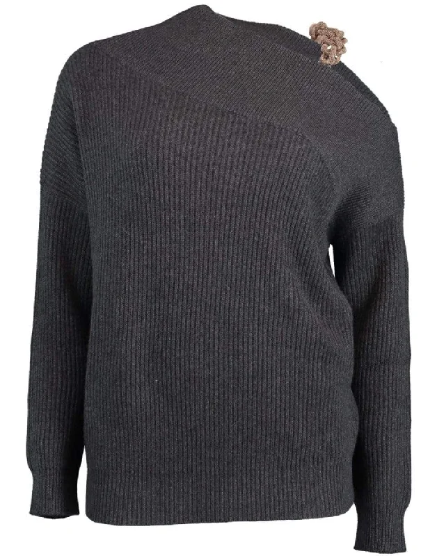 Anti - Pilling Sweaters for Long - Lasting -Black Stone Cashmere Ribbed Off the Shoulder Monili Knit Sweater