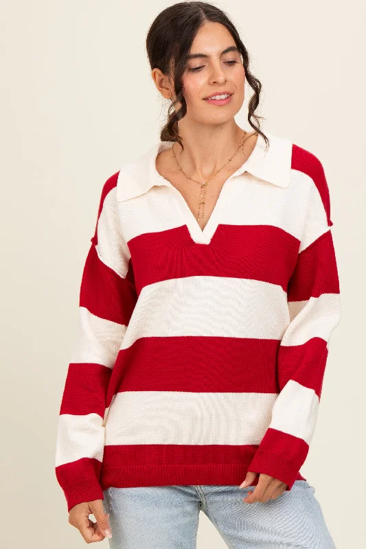 Valentine's Day Sweaters for Romantic Look -Red Wide Stripe Polo Sweater