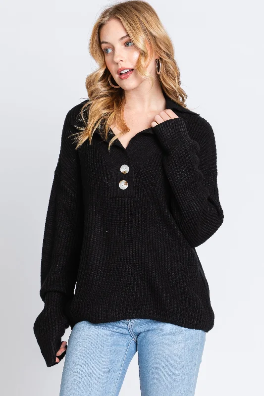 Thermal Sweaters for Extreme Cold -Black Chunky Knit Front Button Sweater