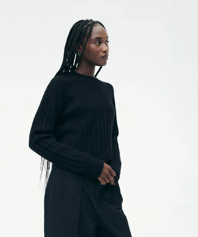 Off - Shoulder Sweaters for Sexy Look -Lightweight Cashmere Ribbed Cropped Sweater