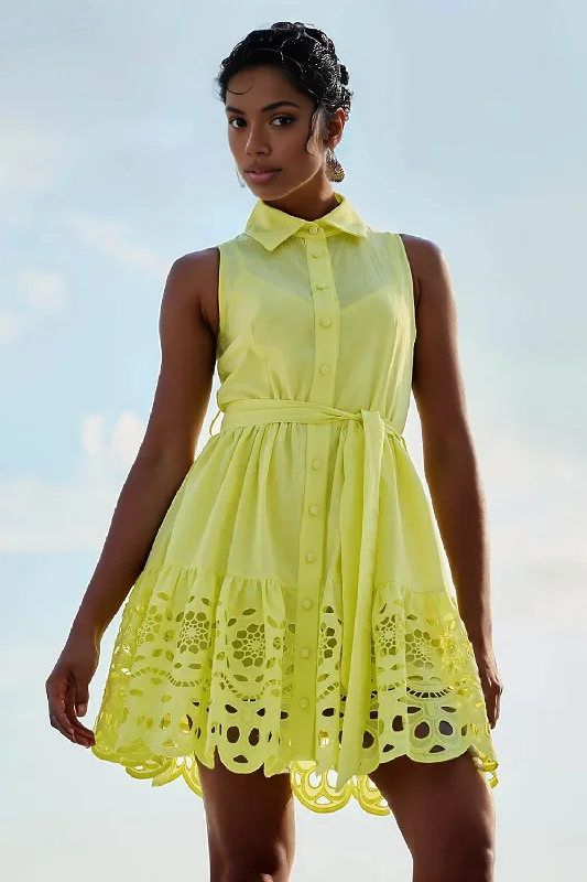 Elastic Dresses for Fit -Lace Collared Dress in Yellow